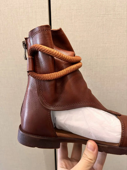 Birkuir High Top Open Toe Sandals For Women Summer Boots Luxury Hollow Out Beach Sandals Genuine Leather Flats Shoes Ladies