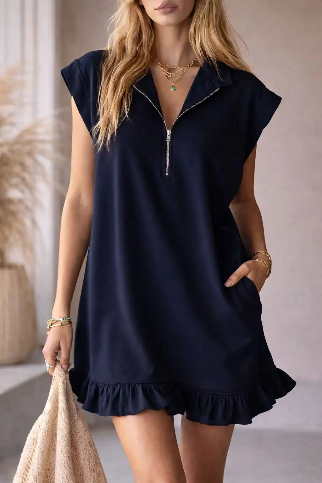 Spring Summer New Sleeveless Pocket Dress Zipper V-neck Ruffled A-line Skirt For Women Fashion Elegant Casual  Holiday Dresses