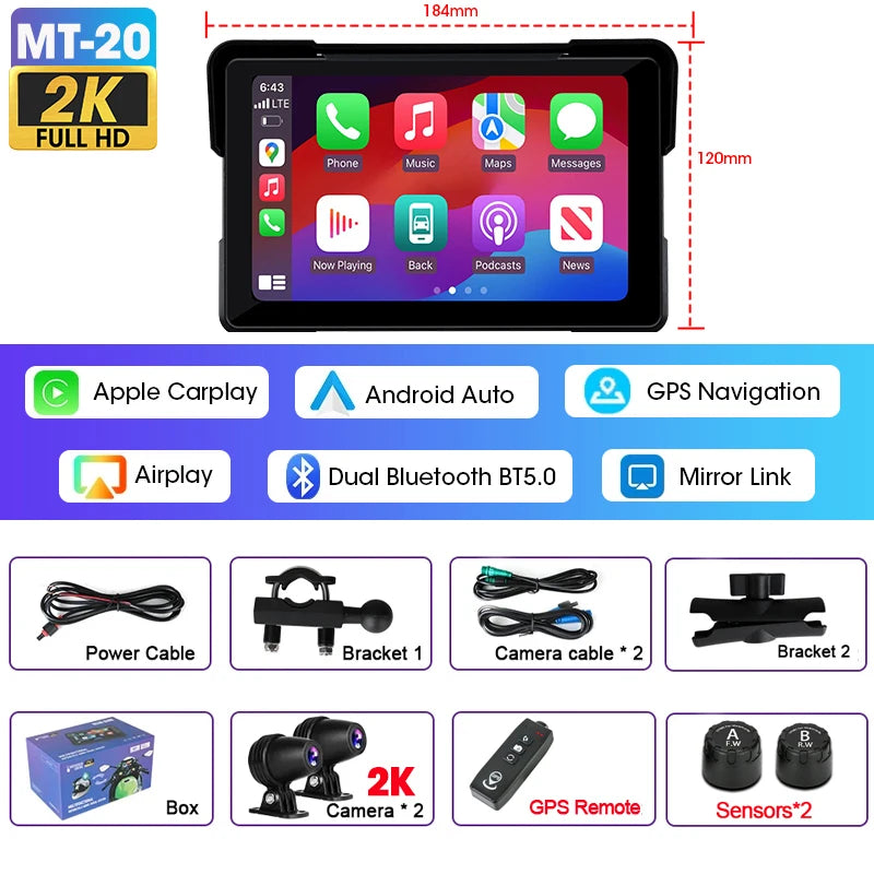 7 inch Portable Motorcycle Navigation Support 2K Camera  IPX7 Waterproof LCD Display For Wireless CarPlay Android Auto
