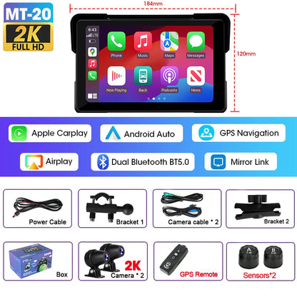 7 inch Portable Motorcycle Navigation Support 2K Camera  IPX7 Waterproof LCD Display For Wireless CarPlay Android Auto