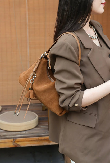 Hifashion Vintage Matte Suede Genuine Leather Underarm Shoulder Bags For Women 2025 Luxury Designer Hobo Tote Ladies Handbags