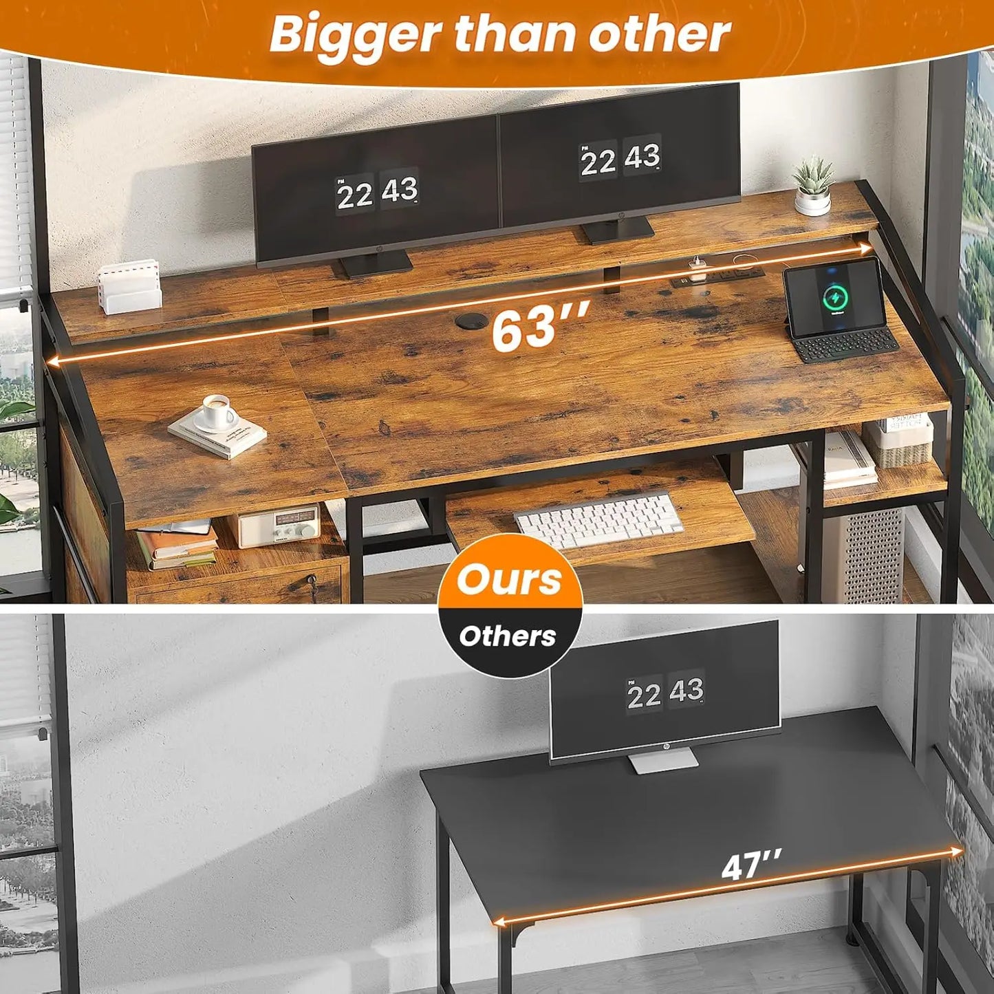63" Computer Desk, Office Desk with Lock Drawers for Legal/Letter File, Gaming Desk with LED Light & Power Outlet,, Customized