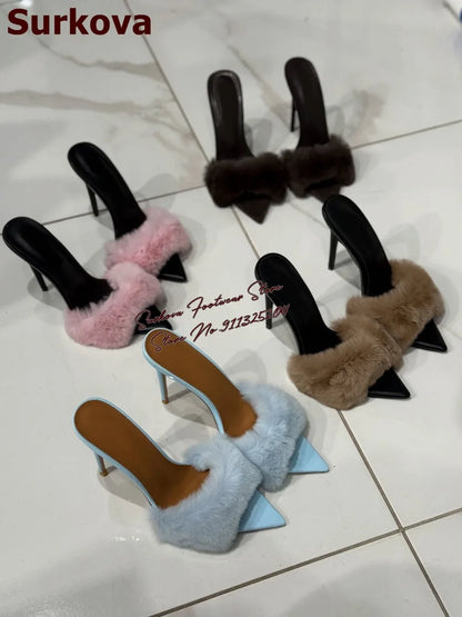 Surkova Sky Blue Black Luxury Fur Embellished Sandals Suede Thin High Heel Slippers Steel Tip Toe Slip-on Evening Shoes Size46