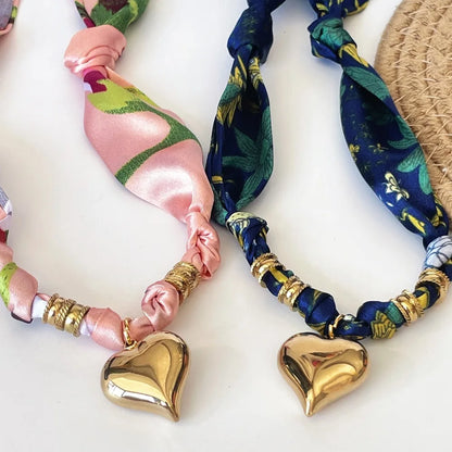 Women’s Fashion Scarf Necklace with Large Stainless Steel Heart Pendant Stackable Bandana Jewelry