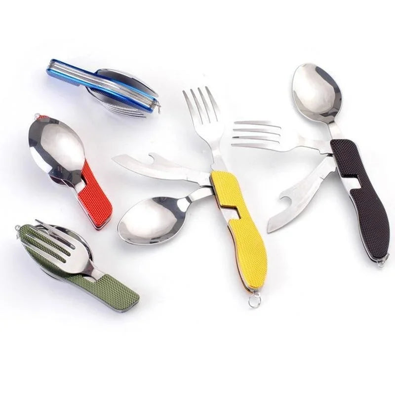 4 in 1 Camping Utensils Cutlery - Camping Stainless Steel Folding Pocket Kits for Hiking Survival Camping Travel