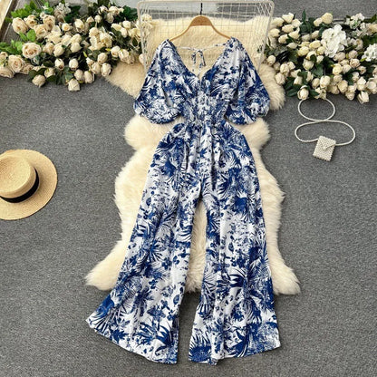 Women's Print Jumpsuit Casual V-neck Bubble Sleeve Backless Lace-Up Slimming Summer Beach Vacation Loose Wide Leg Jumpsuit