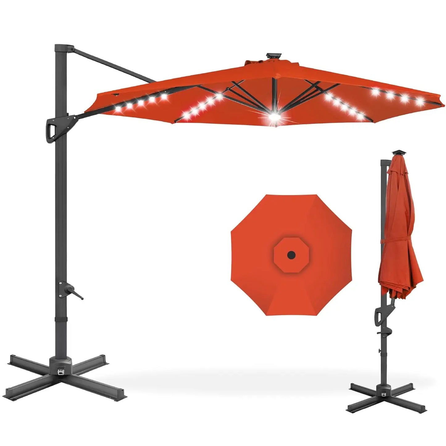 10ft Solar LED Cantilever Patio Umbrella, 360-Degree Rotation Hanging Offset Market Outdoor Sun Shade for Backyard,, Customized