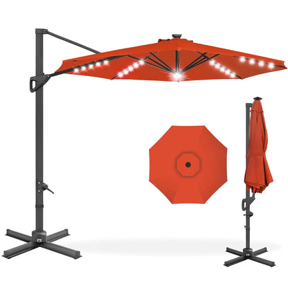10ft Solar LED Cantilever Patio Umbrella, 360-Degree Rotation Hanging Offset Market Outdoor Sun Shade for Backyard,, Customized