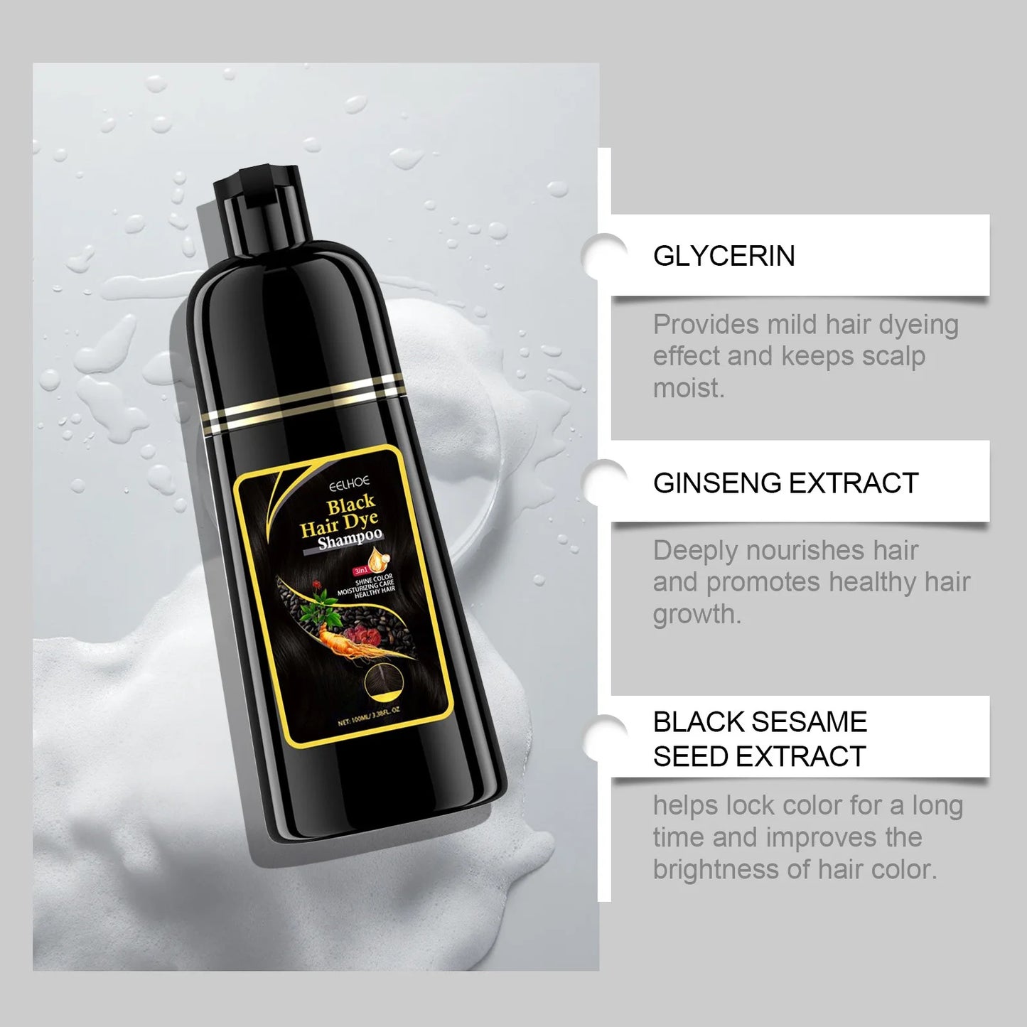 3 In 1 Instant Coloring Shampo Change Hair Color Gray Hair to Black Natural Black Color for Men Women Hair Dye Deep Nourishing