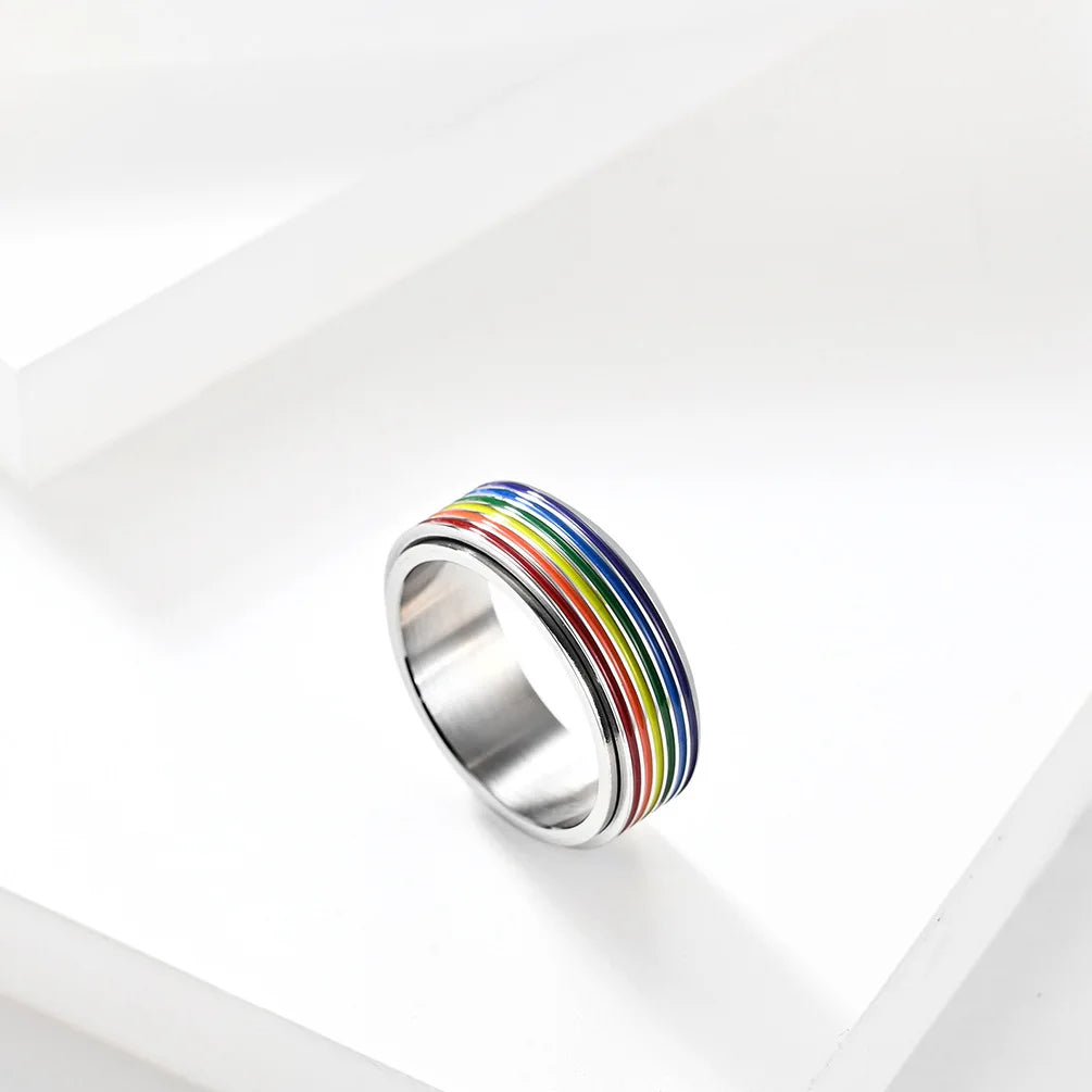 Rainbow Color Anxiety Rings For Women Men Stainless Steel Rotate Freely Fidget Spinning LGBT Pride Ring Accessories Jewelry