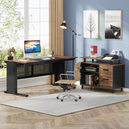 Tribesigns 63 Inch Executive Desk with File Cabinet, Large Office Desk L Shaped Computer Desk with Drawers and Storage Shelves