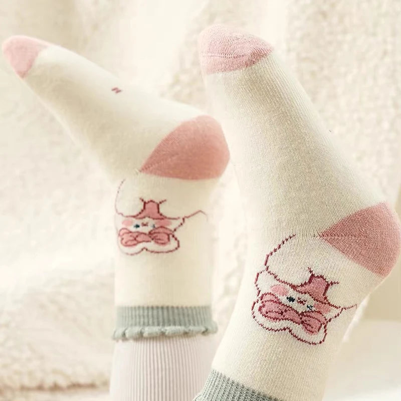 5 Pairs Thickened Fleece Rabbits Pattern Children Girls Warm Socks Lovely Trendy Soft Comfortable Elastic Half Sock for Girls