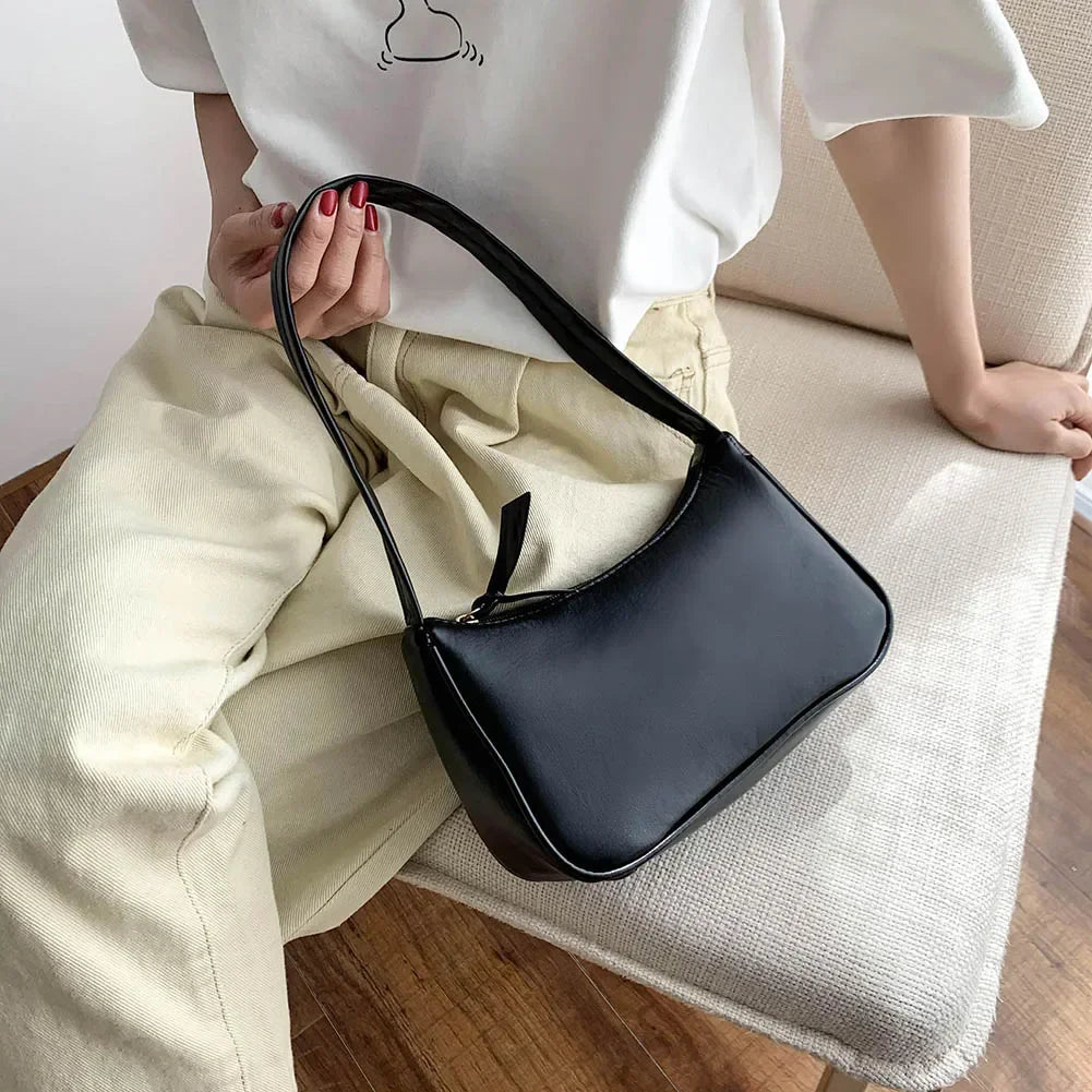 New Retro Soft PU Leather Women Shoulder Underarm Bags Casual Solid Color Small Top-Handle Handbags Ladies Fashion Shoulder Bags