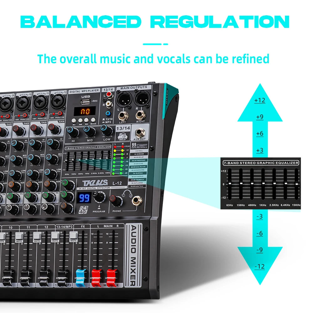 TKLBLS L12 mixer Professional 12 channel USB DJ PC 99 DSP effect  Bluetooth 48V party performance