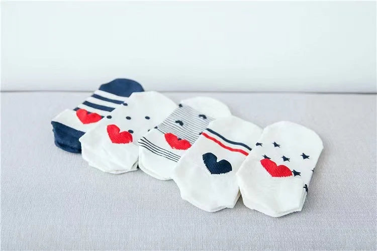 5 Pairs Lot Pack Women Socks Spring Summer Animal Unicorn Cat Fox Ear Cartoon Happy Funny Cute Lovely Cotton Ankle Socks Heart