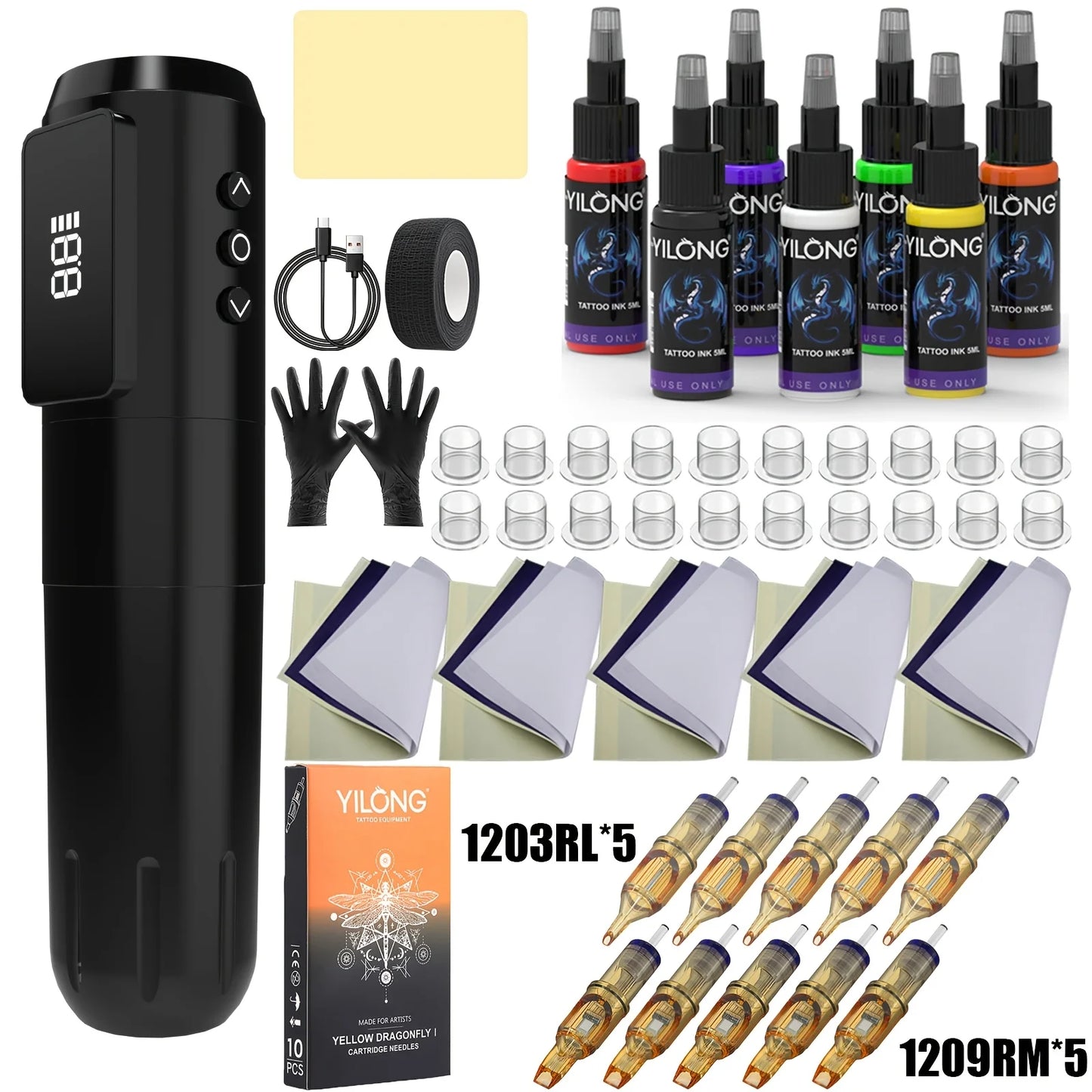YILONG Wireless Tattoo Machine Or CompleteTattoo Pen Gun Kit With 1600MAH Power and LED Screen Rotary Tattoo Machine Pen Set