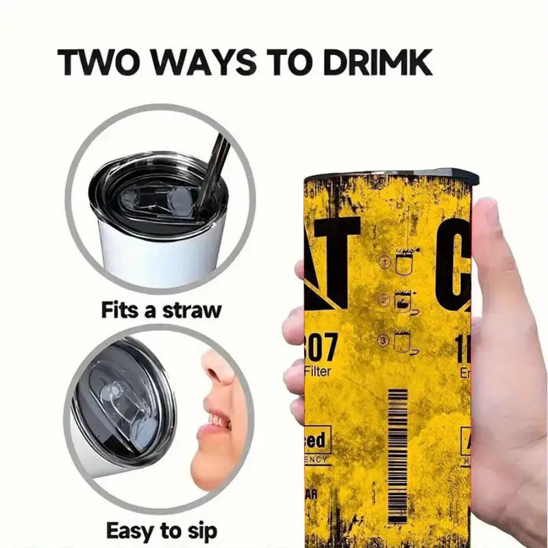 20Oz Stainless Steel Insulated Tumbler Engine Oil filter Yellow Double walled with Straw and Lid keep Cold Hot Drink Car Cup