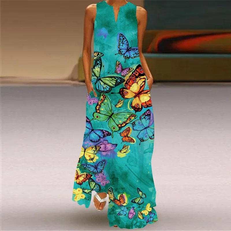 Fashionable V-Neck Sleeveless Long Digital Print Dress with Pocket Summer Sexy XL Women's Clothing Loose Waist Ankle-Length