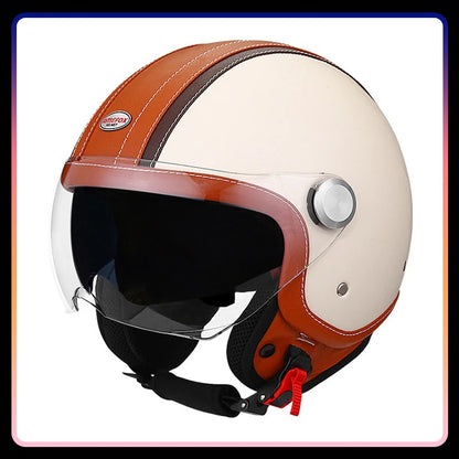 DOT Open Face Motorcycle Helmets Double Visor Retro Jet Helmet Leather Vintage Men Women 3/4 Open Half Helmet with Inner Lens