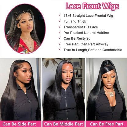 40 Inch Straight Lace Front Wig Human Hair 250% Density 13x6 Transparent HD Lace Full Frontal Glueless Wig Wear And Go Glueless Wigs Human Hair Pre Plucked