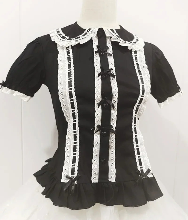 Summer Japanese Lolita Sweet Girls Short-sleeved Tops Women Goth Lace Bow Shirt Single-breasted Blouse Doll Collar Slim Tees New