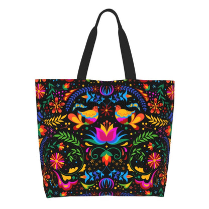 Mexican Ethnic Flowers Tote Bag Large Capacity Zipper Women Grocery Bags Purse Shopping Handbags Casual Travel Shoulder Bag
