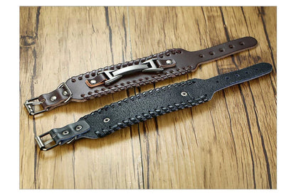 Vnox Wide Leather Wristband for Men Stylish Genuine Leather Bangle with Metal Charm Bracelets Punk Male Pulseira