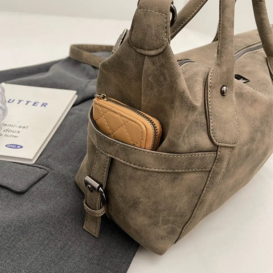 Retro Distressed Suede Texture Boston Hobo Bag Large Capacity Tote Handbag Shoulder Crossbody Bag for Women Daily Commute Trave