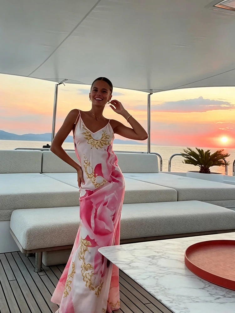 Sexy Sling Women's Maxi Dress V-neck Backless Floral Print Sleeveless Long Skirt 2026 NEW Summer Beach Vacation Party Vestido