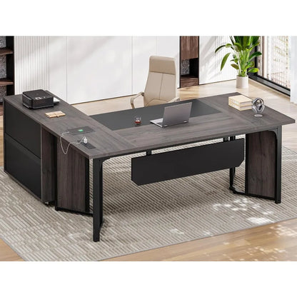 63 Executive Desk with Mobile File Cabinet for Large Office Spaces Modern L-Shaped Workstation with Built-in Power Outlets Inte