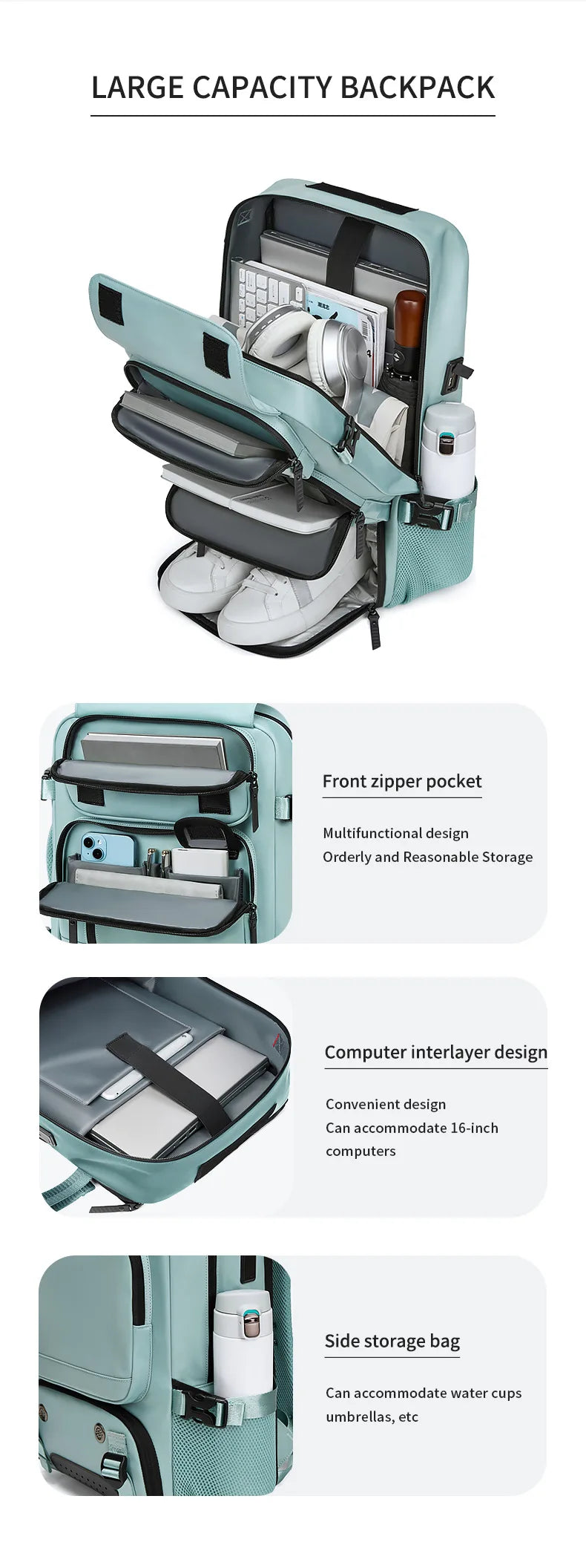 Large Travel Backpack Boardable Backpack USB Charging Waterproof Outdoor Travel Backpack Independent Shoe Compartment