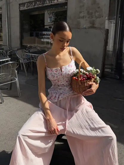Pink Printed Women's Dress Fashion Wide Shoulder Straps And Pleated Hem Cinched Waist Vestido 2026 Lady Party Vacation Gowns