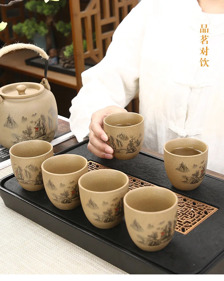 Retro Japanese coarse pottery beam pot business gift ceramic kung fu tea set large teacup