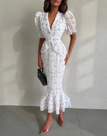 Printed V-neck Waist Cinched Pleated Dress Lapel Short Sleeve High Waisted Maxi Dresses Elegant Women's Summer New Vestidos