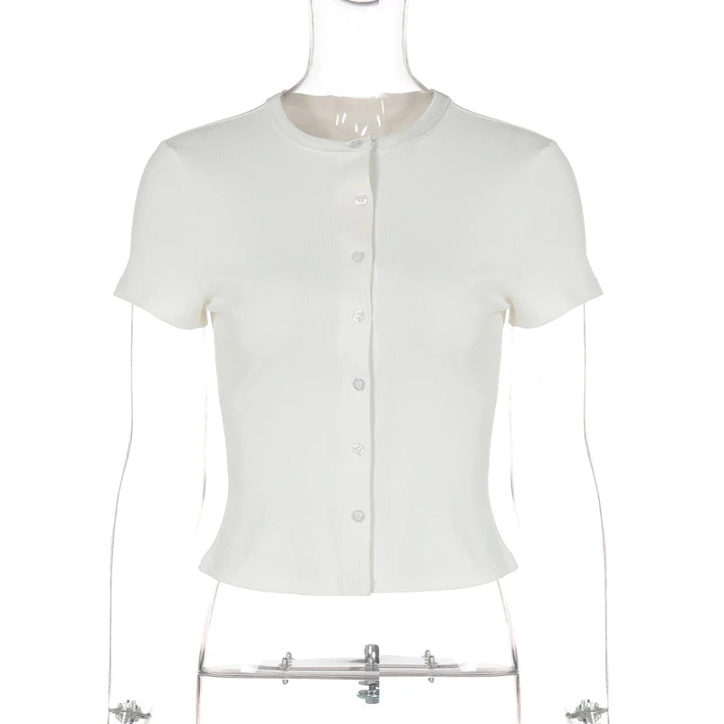 Stand Collar Button Hollow Out T-shirt Women Sexy Solid Short Sleeves Slim Fit Cropped Shirts 2026 Lady Daily Street Outwear New