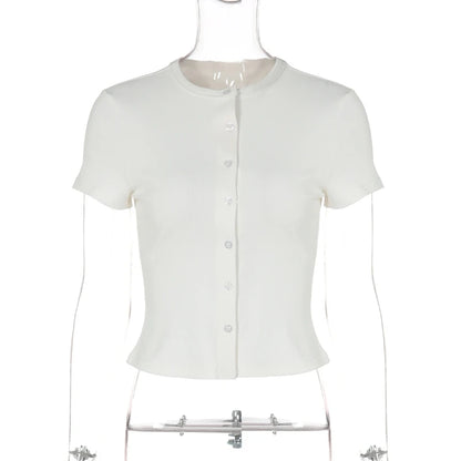 Stand Collar Button Hollow Out T-shirt Women Sexy Solid Short Sleeves Slim Fit Cropped Shirts 2026 Lady Daily Street Outwear New