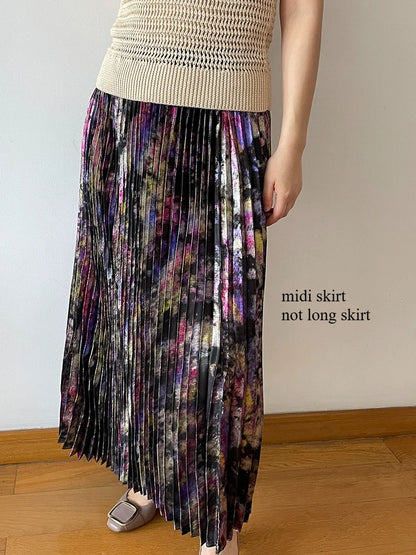 Polished Luster Lurex Midi Skirt Women's Shiny Metallic Luxury Pleated Skirt 2025 New In Boutique Clothing