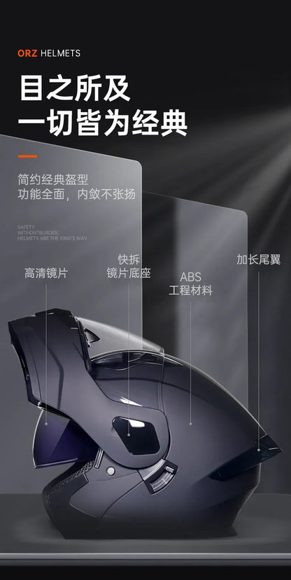 ORZ-103 Motorcycle Dual-Lens Helmet Men Women Bluetooth Full Helmet All Seasons Flip Helmet with Tail Wing DOT Certification