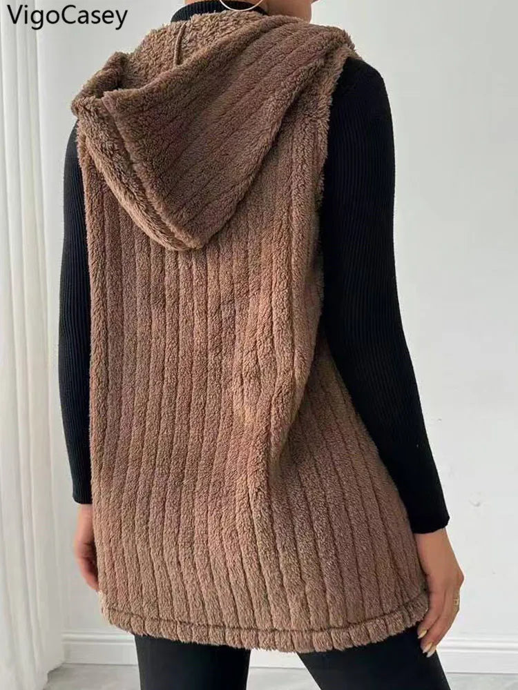 VigoCasey 2025 Autumn Winter Brown Long Thick Vest Coat Woman Sleeveless Plush Warm Waistcoat Lady Hooded Casual Vest Jacket