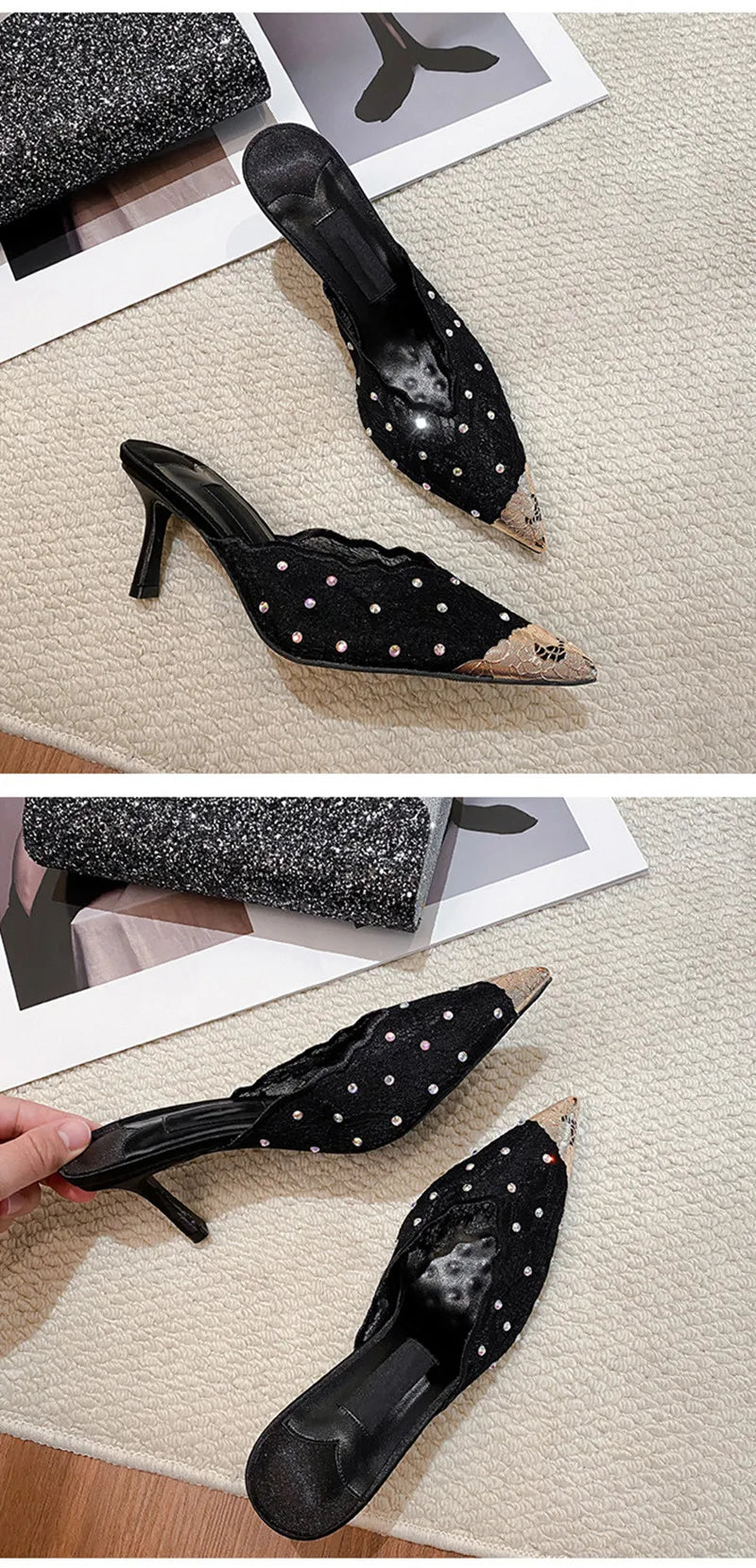 Luxury Rhinestones Mesh Lace Women Pumps Sandals Summer Elegant Pointed Toe 8cm Thin High Heels Mulse Sides  Fashion Party Shoes