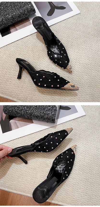Luxury Rhinestones Mesh Lace Women Pumps Sandals Summer Elegant Pointed Toe 8cm Thin High Heels Mulse Sides  Fashion Party Shoes