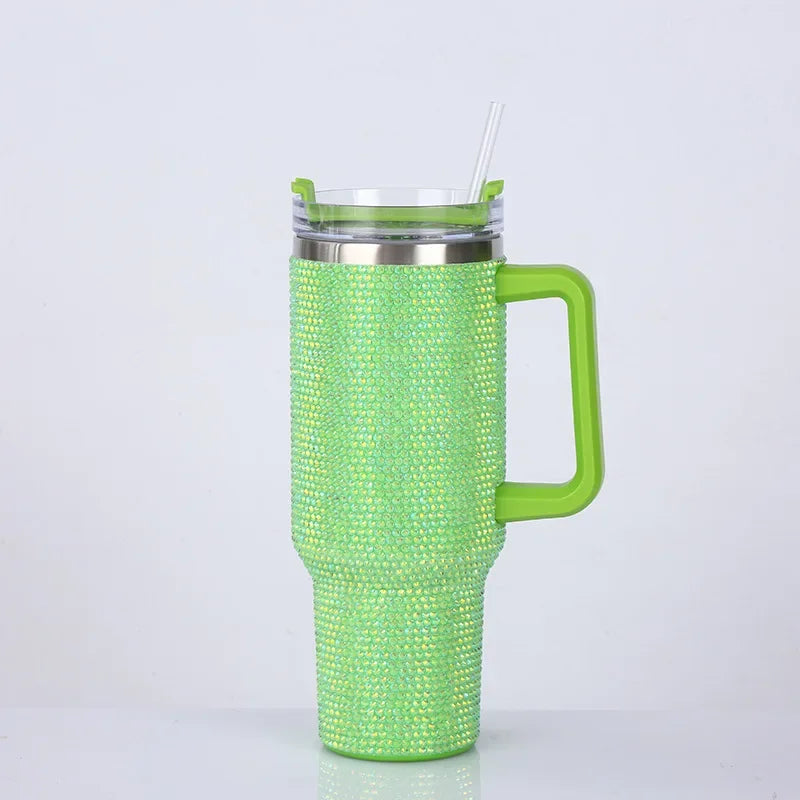 40oz Rhinestone Tumbler Stainless Steel Straw Women Cup Shiny Diamond Travel Car Thermoses Coffee Mug Water Bottle Drinkware