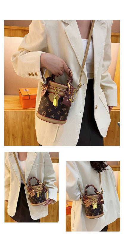 Stylish Printed Bucket Bag with Scarf Detachable Strap Shoulder Crossbody Bag for Women