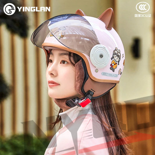 Winter Warm Women's Electric Car Helmet Four Seasons Motorcycle Safety Cap Full Face Helmet 3C Certified Abs Material