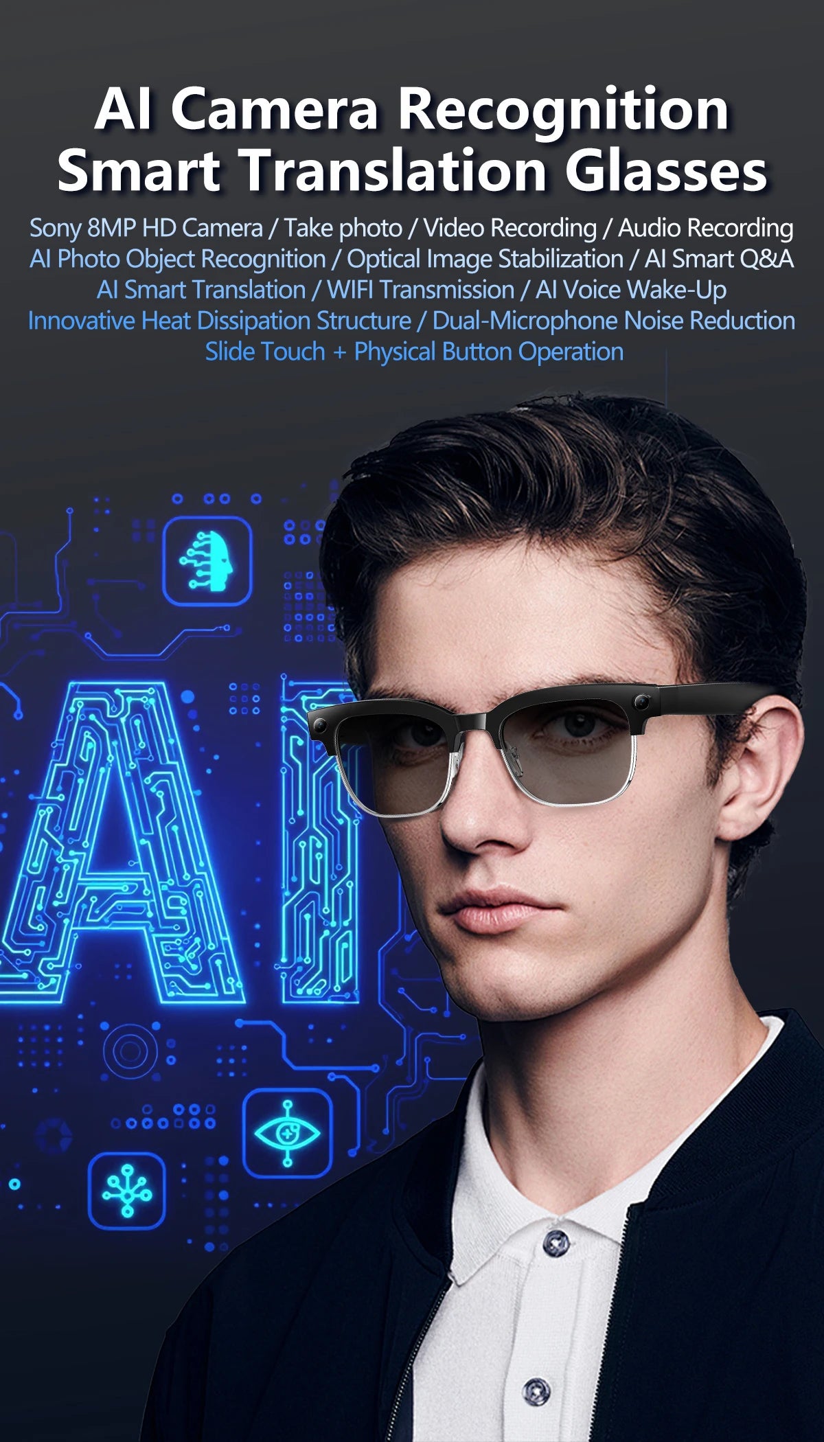 New 800W 4K UHD Camera Smart AI Glasses Recording Videos 290mAh Photo Recognition Translation Al Voice Bluetooth Smart Glasses