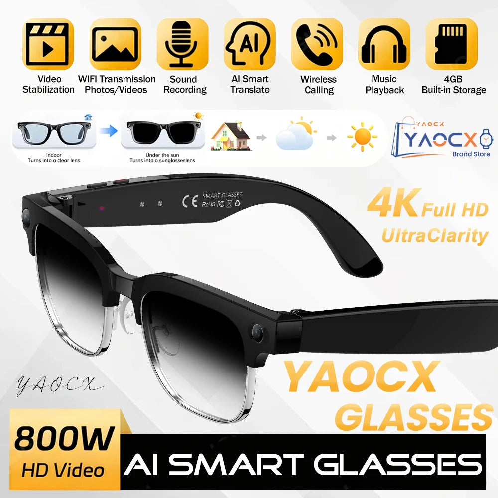 2026 New 4K HD 800W Pixel Dual-Camera Smart Glasses Men 1080P Video Recording AI Chat WIFI Transmission Translation Call Glasses