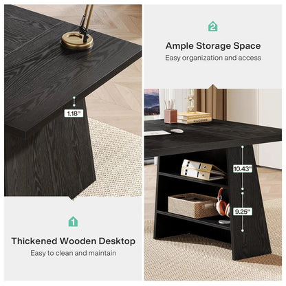 63-Inch Executive Desk, Modern Black Office Desk with Double Pedestal and Storage Shelves, Simple Large Computer, Customized