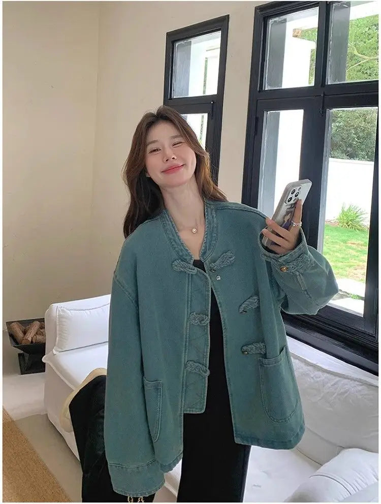 Women Clothing Autumn Fashion Simplicity All-match Temperament Button Solid Color O-neck Female Chinese Style Denim Jacket Tops