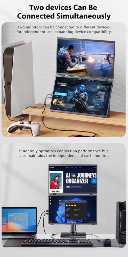 UPERFECT 15.6' Stacked Foldable Dual Monitor FHD 100% SRGB Laptop Screen Extender Portable Monitor for Windows Mac OS with Stand
