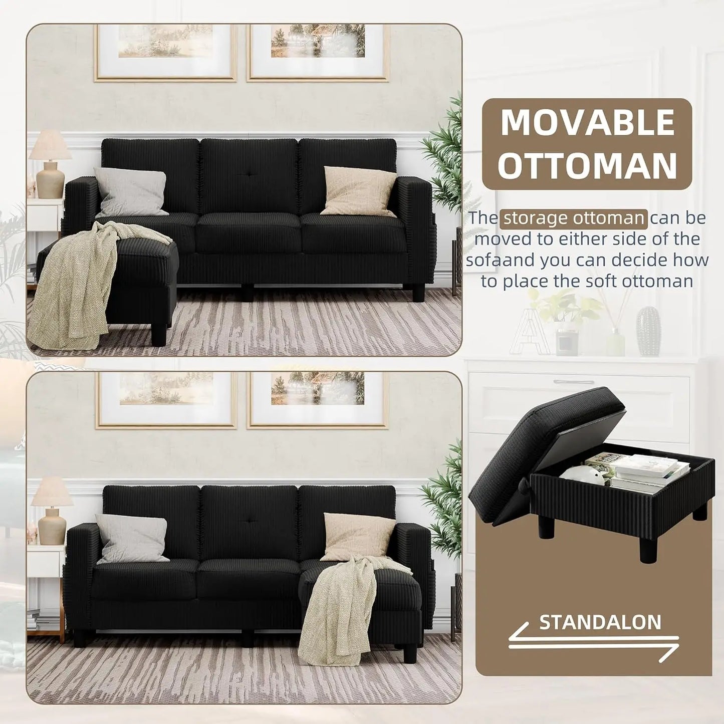 Convertible Sectional Couches for Living Room, L-Shaped Couch 3 Seat Sectional Sofa Set with Corduroy Fabric , Customized
